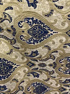 BLUE GOLD DAMASK CHENILLE UPHOLSTERY BROCADE FABRIC (56 in.) Sold By The Yard - Picture 1 of 6