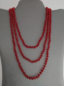 Red Faceted Glass Rondelle Bead Necklace Flapper Length Knotted Beaded 58” Long - Picture 1 of 6