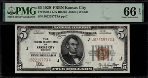 1929 $5 Federal Reserve Bank Note Kansas City - FR.1850-J - Graded PMG 66 EPQ - Picture 1 of 2