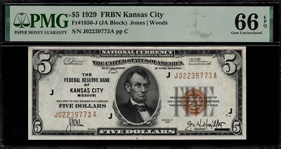 1929 $5 Federal Reserve Bank Note Kansas City - FR.1850-J - Graded PMG 66 EPQ - Image 1 of 2