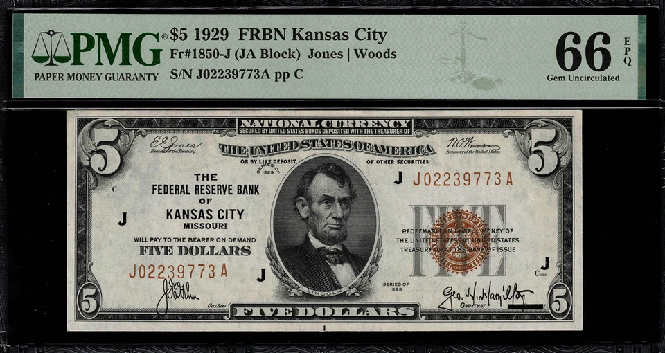 1929 $5 Federal Reserve Bank Note Kansas City - FR.1850-J - Graded PMG 66 EPQ - Image 1 of 2