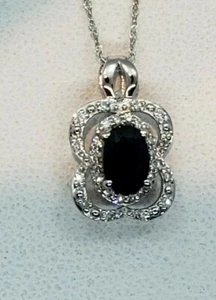 14k Weißgold ovaler Saphir & runder Diamant Anhänger/18" Kette. - Bild 1 von 6