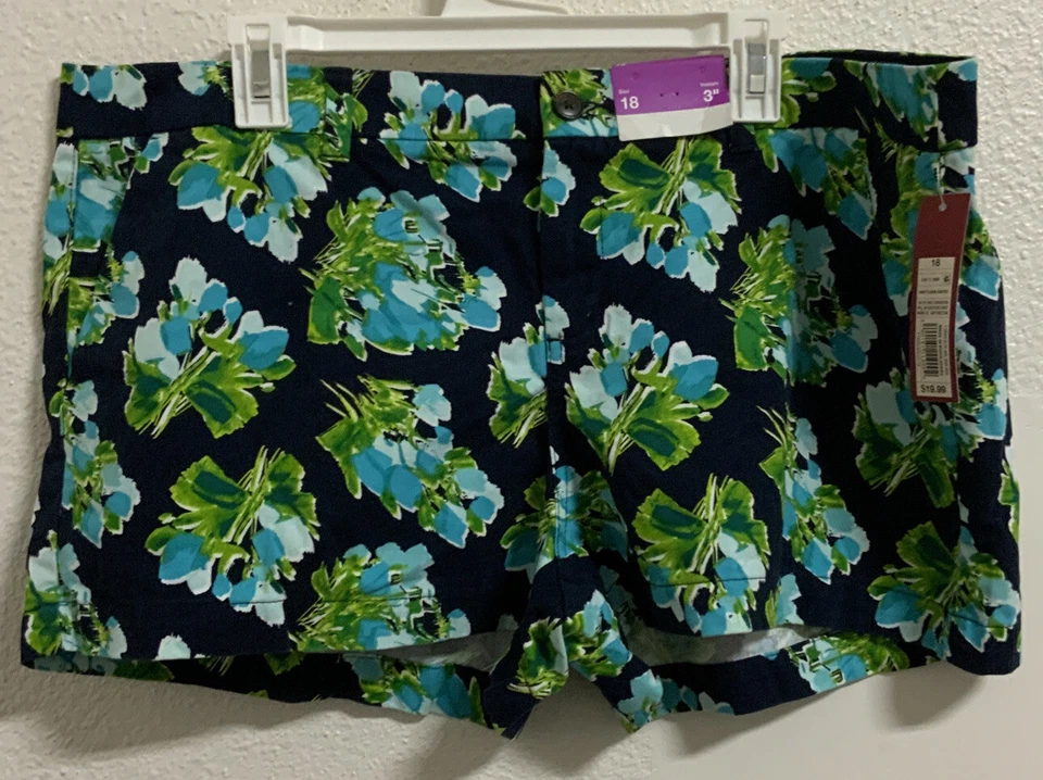 Merona Size 10 Navy Teal Green Floral Cotton Chino Shorts 3" Inseam