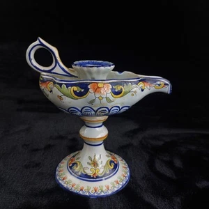 Antique Italian Majolica Faience Candle Holder Hand Painted Floral Coat of Arms  - Picture 1 of 12