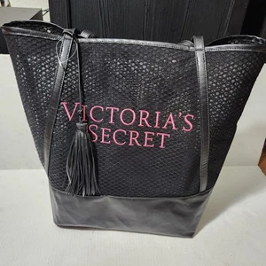 Victoria Secret Pink Black Large Bag Tote Bag Stitched LOGO - Picture 1 of 14
