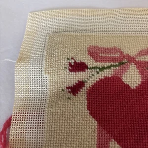 Heart Ribbon And Floral Almost Completed Needlepoint Canvas Brown-Peake Designs - Picture 1 of 6
