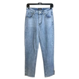 MomoKrom Jeans Women’s Size 27x34 Blue High Rise Split Hem Straight NWOT - Picture 1 of 11