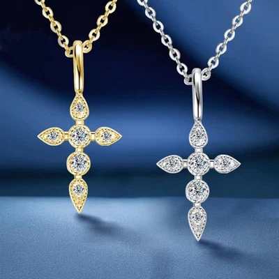 D Color Round Moissanite Cross Pendant Necklace 925 Sterling Silver Chain GRA - Image 1 of 4