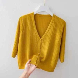 Solid Knitted Sweaters Coats Spring Summer Half Sleeve V-neck Korean Casual Slim - Picture 1 of 24