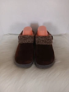Clarks Womens 8 Slip On Sweater Clog Slippers Brown Suede Faux Fur Lined - Picture 1 of 13