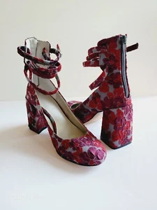 Brocade Mary Jane Heels Red Tapestry Block Heel Shoes Boho Chic Party - Picture 1 of 8