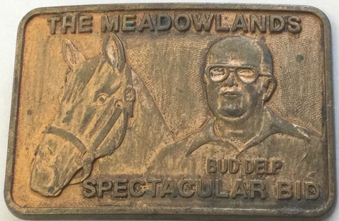 Vintage Horse Race Track Belt Buckle Bud Delp SPECTACULAR BID MEADOWLANDS Brass Cover