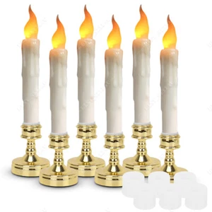 6Pcs LED Flameless Flickering Taper Candles Battery Operated with Candle Holders - Picture 1 of 20