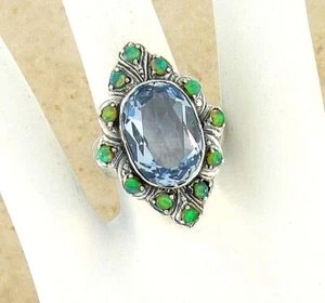 ANTIQUE STYLE 925 STERLING SILVER SIMULATED AQUAMARINE & OPAL RING          239Z - Picture 1 of 4