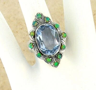 ANILLO ESTILO ANTIGUO PLATA ESTERLINA 925 SIMULADO AGUAMARINA Y ÓPALO 239Z Foto 1 de 4