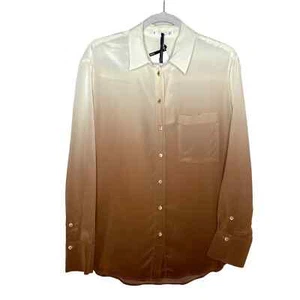 Mango MNG Dip Dye Ombre Button Up Long Sleeve Silk Blouse Brown Tan Shirt Size 6 - Picture 1 of 15