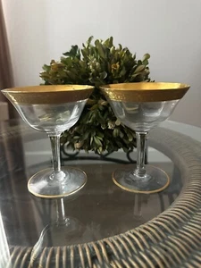 Tiffin-Franciscan Champagne/Tall Sherbet Gold Rim Rambler Rose Blown glass Pair - Picture 1 of 7
