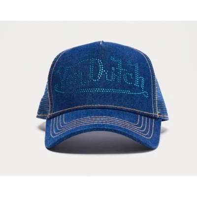 Sombrero de camionero de mezclilla azul piedra oscura Von Dutch estrás a presión nuevo con etiquetas ($45)  Foto 1 de 4