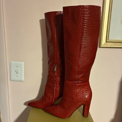 Sam Edelman RARE Raekel Croc-embossed Spiced Red Leather Block Heel Tall Boot 9M - Image 1 of 4