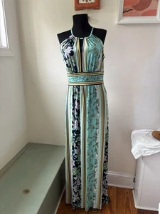 London Times Stretch Jersey Maxi Dress Sleeveless Floral Stripe Cruise Wear Sz 6 - Picture 1 of 12