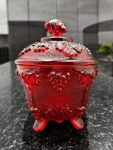 Vtg Jeanette Glass Colorama Red Candy Dish Pressed Footed Covered Harvest Grape - Picture 1 of 24