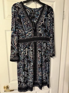 INC International Concepts schwarz/blau EUC Paisley Kleid mit ausgestellten Ärmeln XL neu mit Etikett - Bild 1 von 8