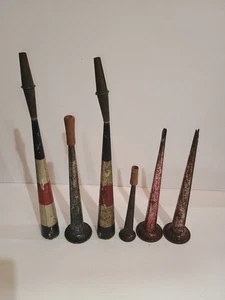 Antique Party Horns Lot Of 6 Metal With Wood Or Metal Mouth Pieces - Picture 1 of 4