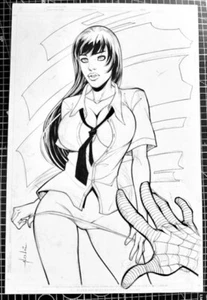 Firmado Original Alex Lei Tintado Mary Jane/Spidey Commission 11X17 - Imagen 1 de 1