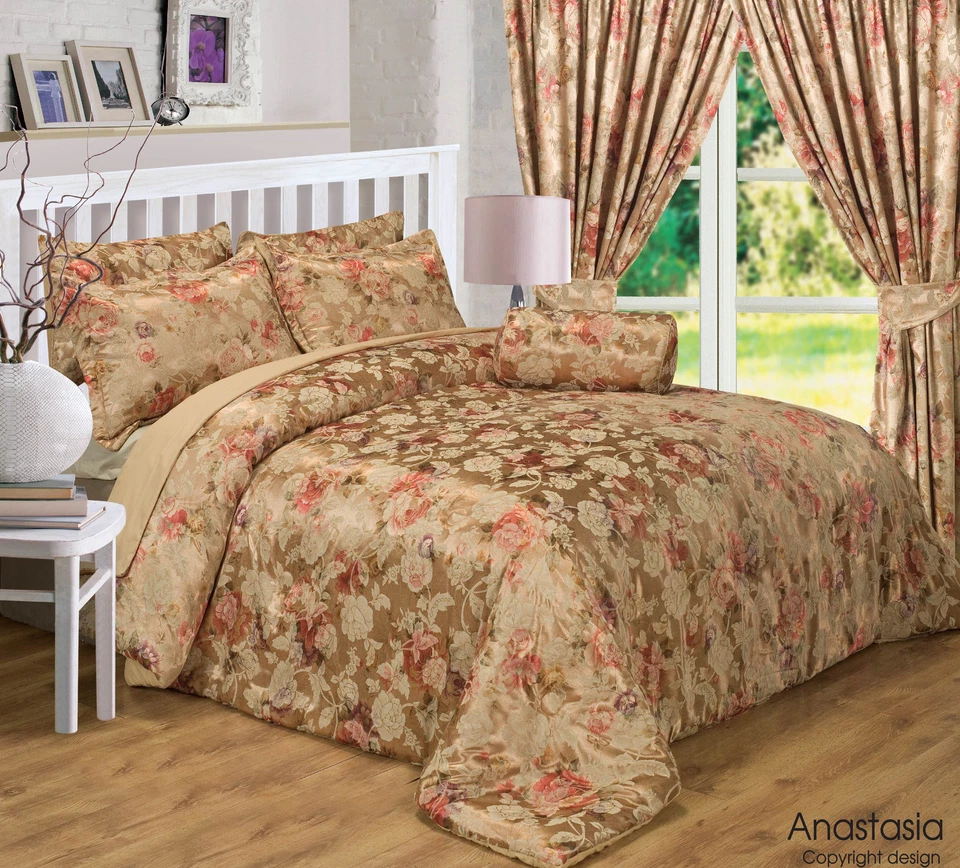 ANASTASIA GOLD FLORAL JACQUARD TERRACOTTA MINK TAN LUXURIOUS BEDDING OR CURTAINS