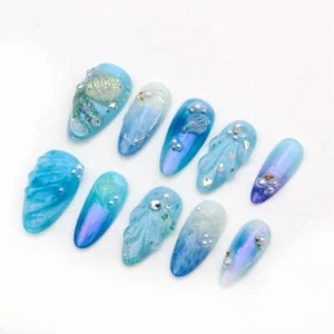 3D Sea Shell Wave Almond Press On Nails, Custom Y2K Holiday Floral Set - Picture 1 of 8