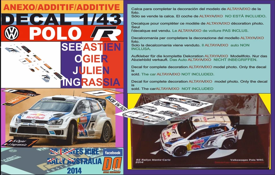 ANEXO DECAL 1/43 VOLKSWAGEN POLO R WRC S.OGIER R.AUSTRALIA 2014 WINNER (08) - Image 1 of 1