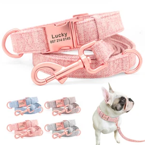 Personalisiert Hundehalsband und Leine Tweed Halsband Namen Telefonnummer Gravur - Picture 1 of 16