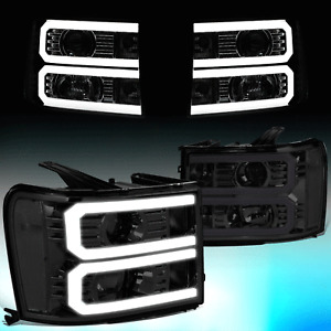 FOR 2007-2014 GMC SIERRA U-SHAPED LED DRL PROJECTOR HEADLIGHT LAMPS SMOKED/CLEAR