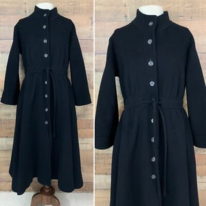 Vintage 1970’s Princess Tie Waist Button Coat Fit Flare Size XS/S Black Wool - Picture 1 of 24