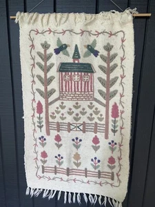 Vtg Woven Cotton Wool Rug Wall Hanging Fibre Art Birds House Garden - Picture 1 of 13