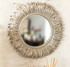 Distressed Silver Feathered Mirror Round 40cm Sunburst Wall Hanging Decoration - Picture 1 of 24