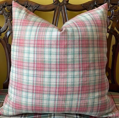 Ralph Lauren Deerfield Plaid Tea Rose Linen/Cotton Pillow Cover Pinks Greens - Image 1 of 4
