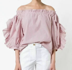 Robert Rodriguez Women’s Red/White Striped Shirt Off The Shoulder Ruffled Medium - Picture 1 of 9
