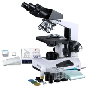AmScope 40X-2000X Advanced Binocular Microscope + 50 Slides + 100 Coverslips - Picture 1 of 8