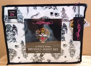 Ed Hardy White /Black Skulls, Eagles,Tiger Tattoo Print 6pc King Sheet Set - Picture 1 of 2