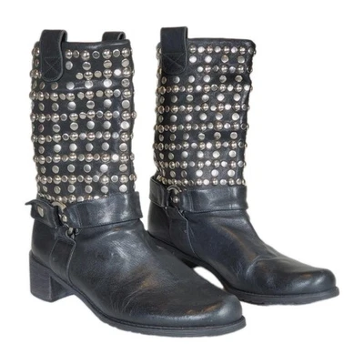 Stuart Weitzman Studded Black Leather Harness Pull On Moto Boots Women's US 8 M - Image 1 of 4