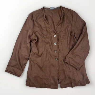 Chaqueta de Lino Jill Para Mujer Talla Grande Marrón Blusa Plumero Borde Festoneado Bolsillos Foto 1 de 4