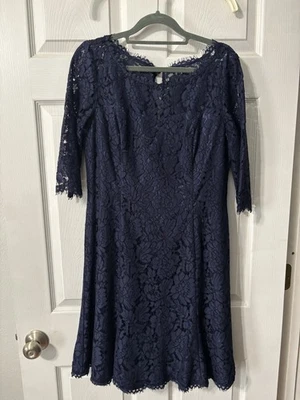 Eliza J Navy Blue Floral Lace Scalloped Neckline Fit & Flare Dress 10 Cocktail - Image 1 of 4