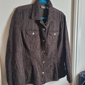 Chico’s 2 Jacquard Chocolate Brown Jacket/shirt Rose/floral Silver Rose Buttons - Picture 1 of 8