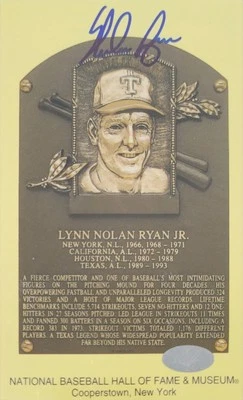 Nolan Ryan Signed Gold HOF Plaque Postcard Yellow Autograph Rangers JSA RYAN - Image 1 of 2
