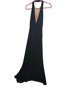 90s~Y2K NightWay Black Velvet Evening Gown Beaded Halter Neck and Train! size 6 - Picture 1 of 14