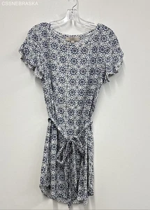 Loft Blue/Cream Blue & Cream Floral Dress with Belt - Size S - Picture 1 of 7