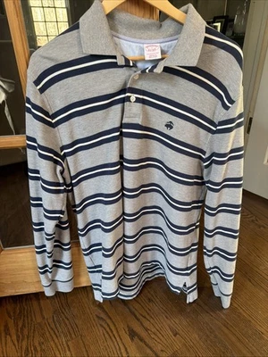 Brooks Brothers Polo 衫男式大号灰色蓝色棉质橄榄球长袖 — 第 1/4 张图片
