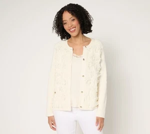Susan Graver Textured Fringe Knit Button Front Cardigan Sweater Natural M New - Picture 1 of 1