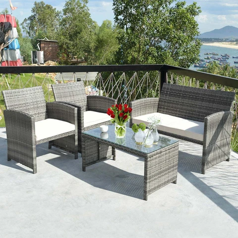 4PCS Rattan Patio Furniture Set Garden Lawn Sofa Cushioned Seat Mix Gray Wicker Cover